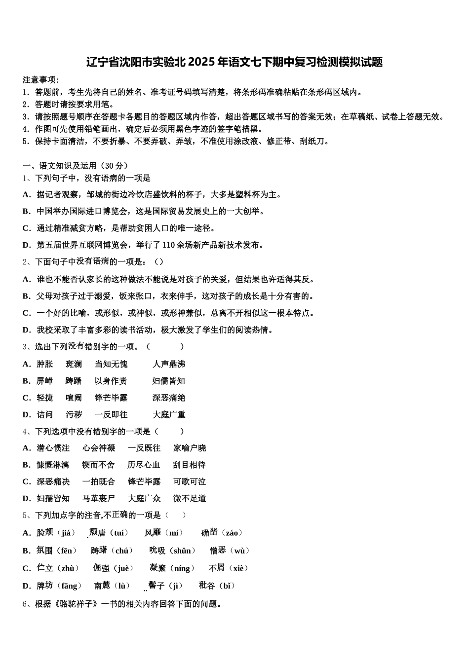 辽宁省沈阳市实验北2025年语文七下期中复习检测模拟试题含解析_第1页