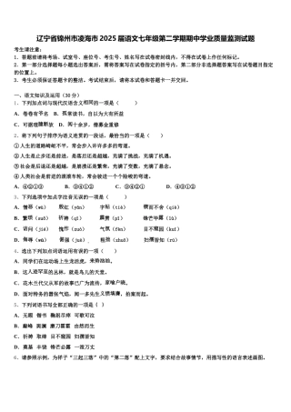 辽宁省锦州市凌海市2025届语文七年级第二学期期中学业质量监测试题含解析