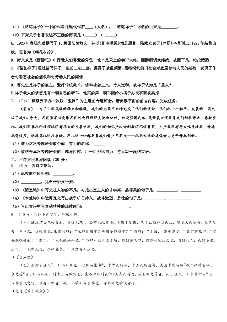 2024-2025学年辽宁省大连市新民间联盟七年级语文第二学期期中经典试题含解析_第2页