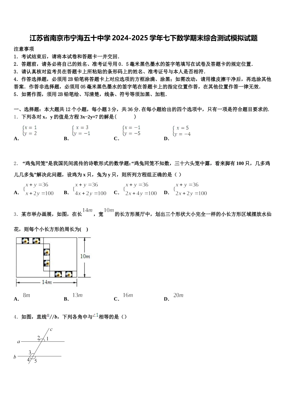 江苏省南京市宁海五十中学2024-2025学年七下数学期末综合测试模拟试题含解析_第1页