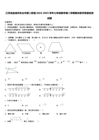 江苏省盐城市东台市第二联盟2024-2025学年七年级数学第二学期期末教学质量检测试题含解析
