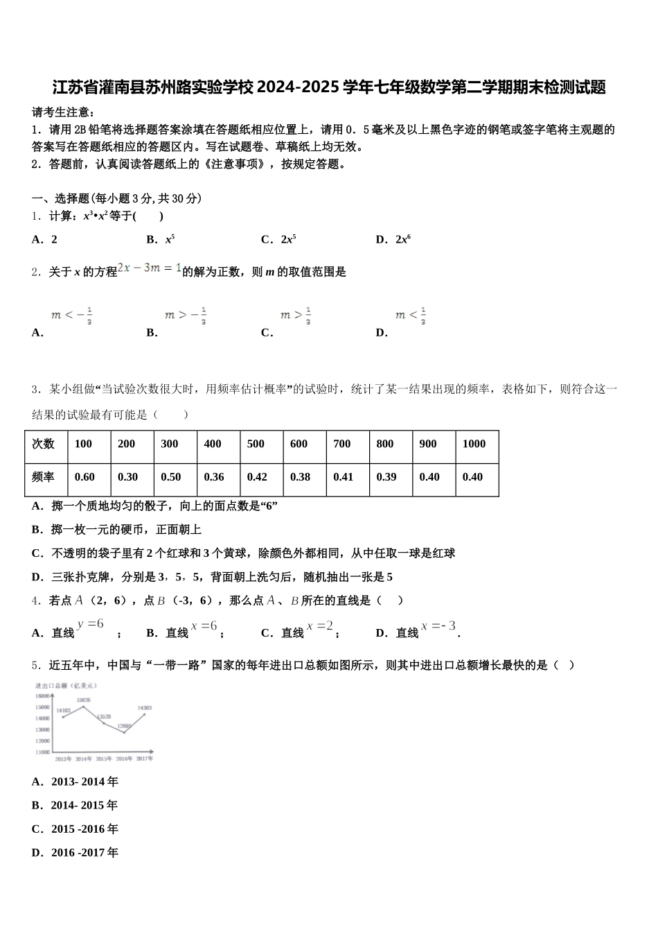 江苏省灌南县苏州路实验学校2024-2025学年七年级数学第二学期期末检测试题含解析_第1页