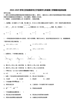 2024-2025学年江苏省南京市江宁区数学七年级第二学期期末监测试题含解析