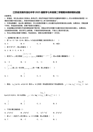 江苏省无锡市洛社中学2025届数学七年级第二学期期末调研模拟试题含解析