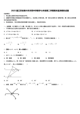2025届江苏省泰兴市洋思中学数学七年级第二学期期末监测模拟试题含解析