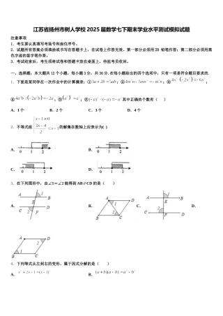 江苏省扬州市树人学校2025届数学七下期末学业水平测试模拟试题含解析