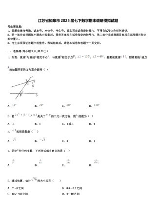 江苏省如皋市2025届七下数学期末调研模拟试题含解析