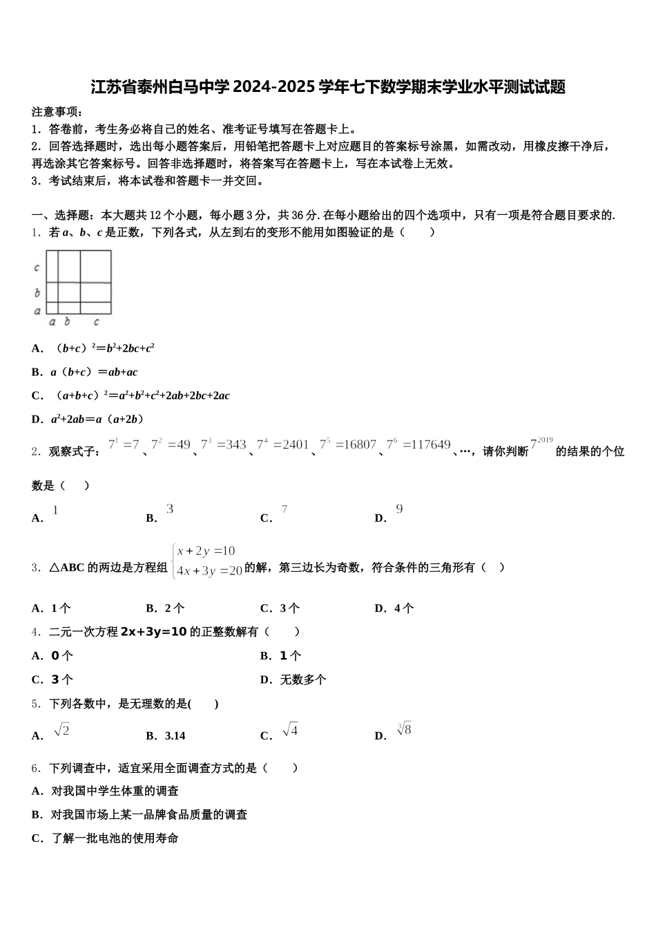 江苏省泰州白马中学2024-2025学年七下数学期末学业水平测试试题含解析_第1页