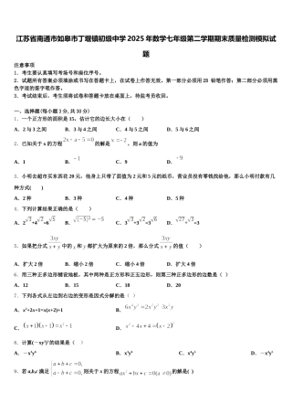 江苏省南通市如皋市丁堰镇初级中学2025年数学七年级第二学期期末质量检测模拟试题含解析