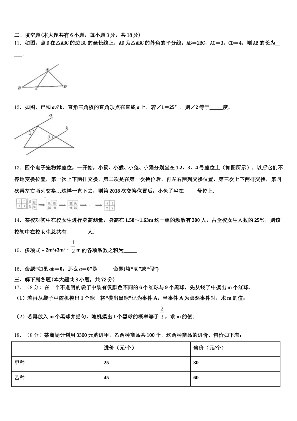 江苏省泰州市口岸实验学校2024-2025学年七下数学期末综合测试模拟试题含解析_第3页