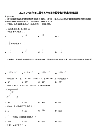 2024-2025学年江苏省苏州市梁丰数学七下期末预测试题含解析