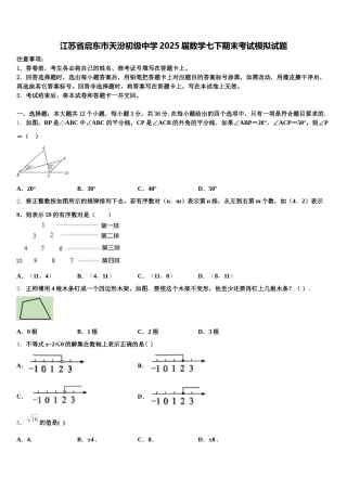江苏省启东市天汾初级中学2025届数学七下期末考试模拟试题含解析