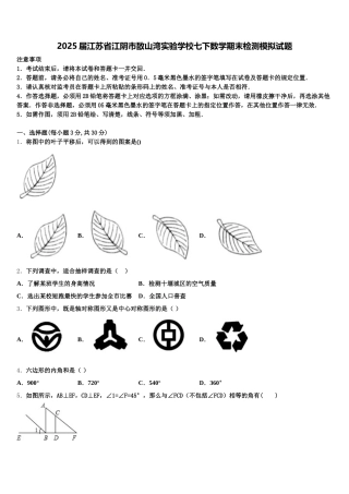 2025届江苏省江阴市敔山湾实验学校七下数学期末检测模拟试题含解析