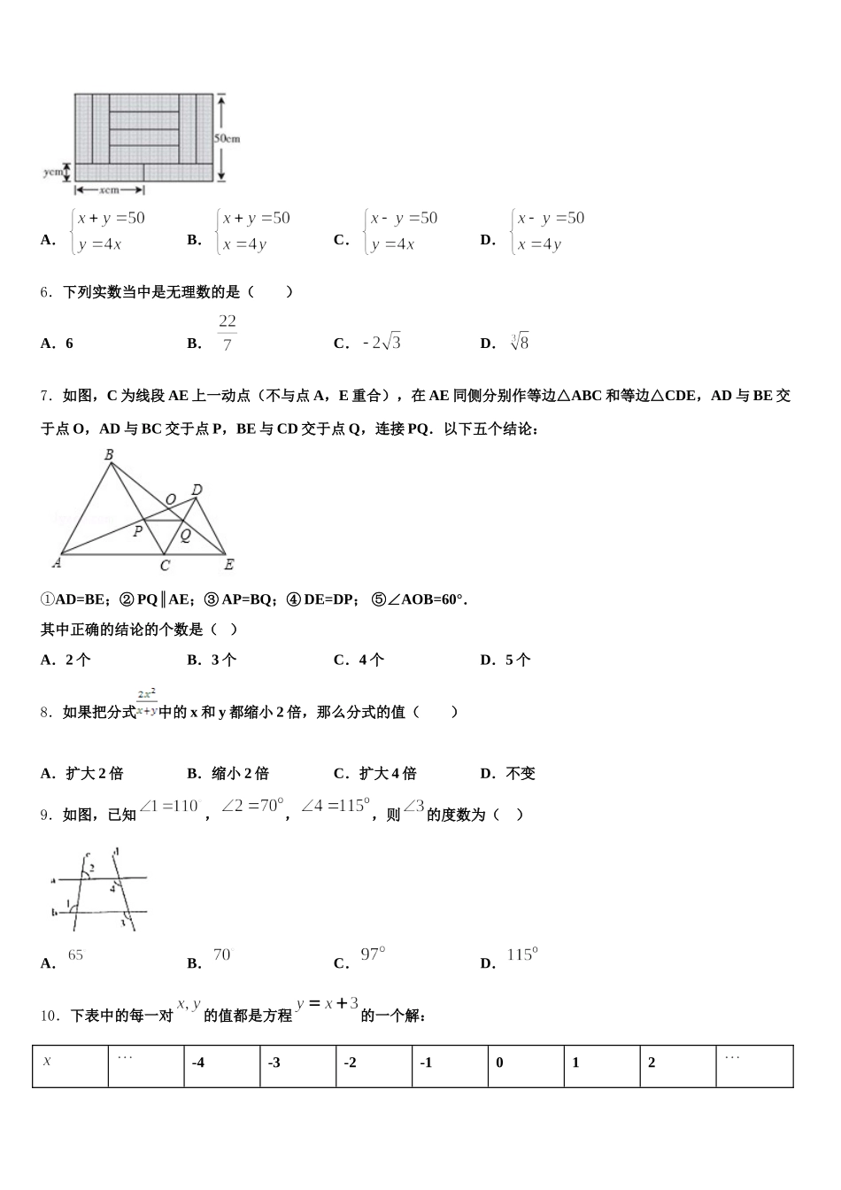 江苏省盐城市射阳实验中学2024-2025学年数学七下期末调研试题含解析_第2页