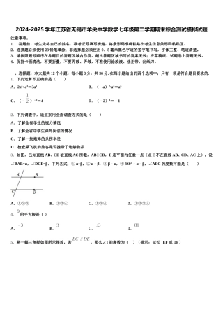 2024-2025学年江苏省无锡市羊尖中学数学七年级第二学期期末综合测试模拟试题含解析