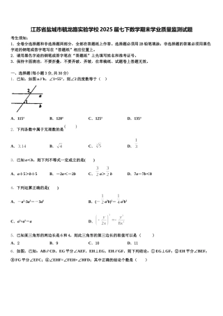 江苏省盐城市毓龙路实验学校2025届七下数学期末学业质量监测试题含解析