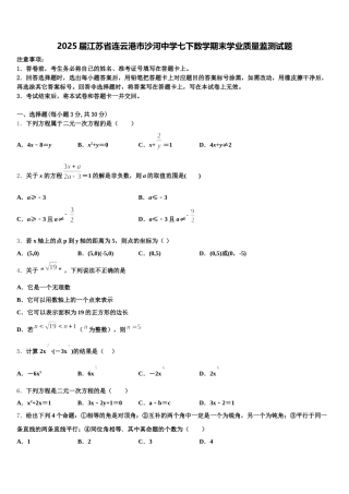 2025届江苏省连云港市沙河中学七下数学期末学业质量监测试题含解析