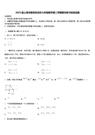 2025届上海市静安区名校七年级数学第二学期期末复习检测试题含解析