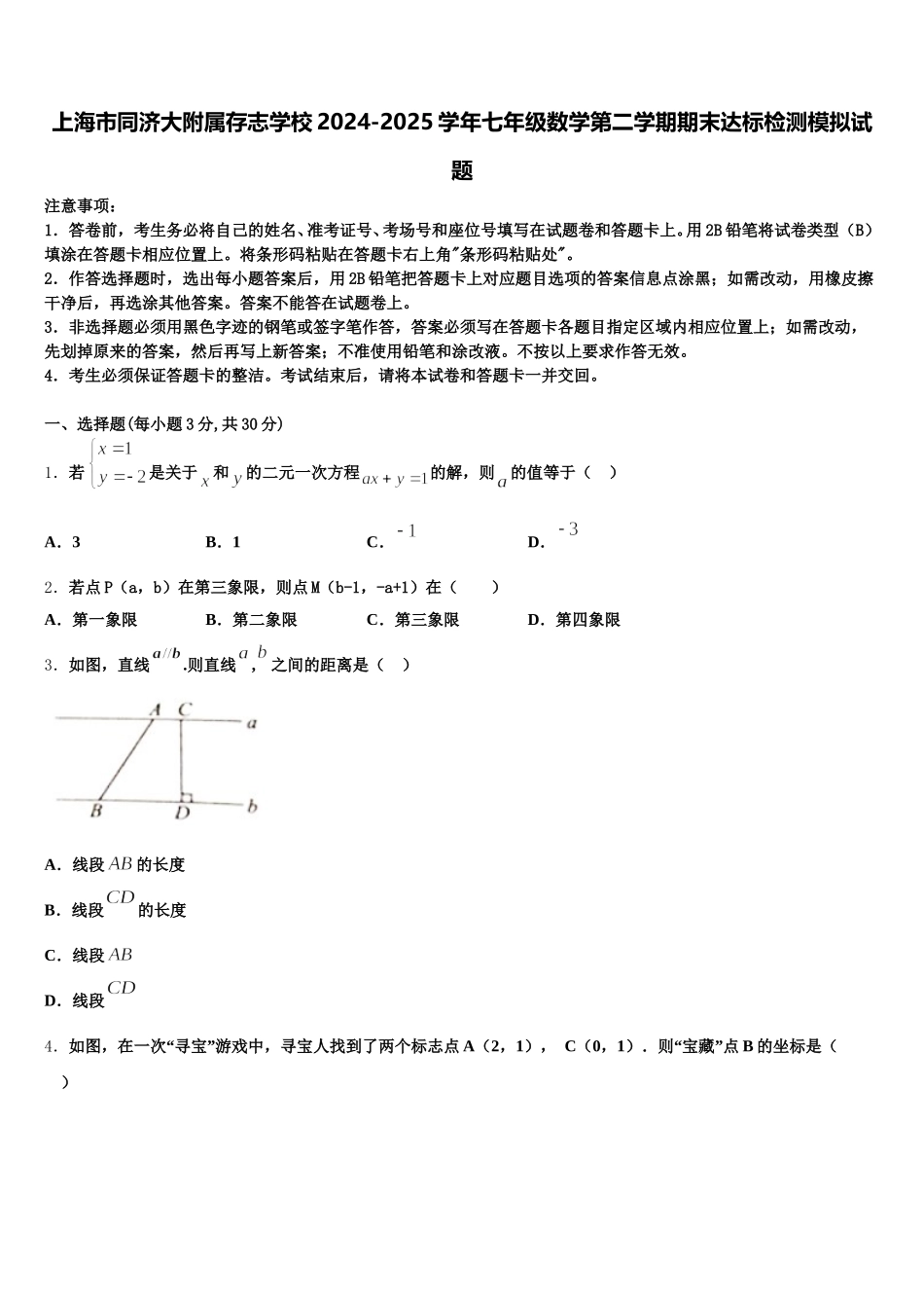 上海市同济大附属存志学校2024-2025学年七年级数学第二学期期末达标检测模拟试题含解析_第1页