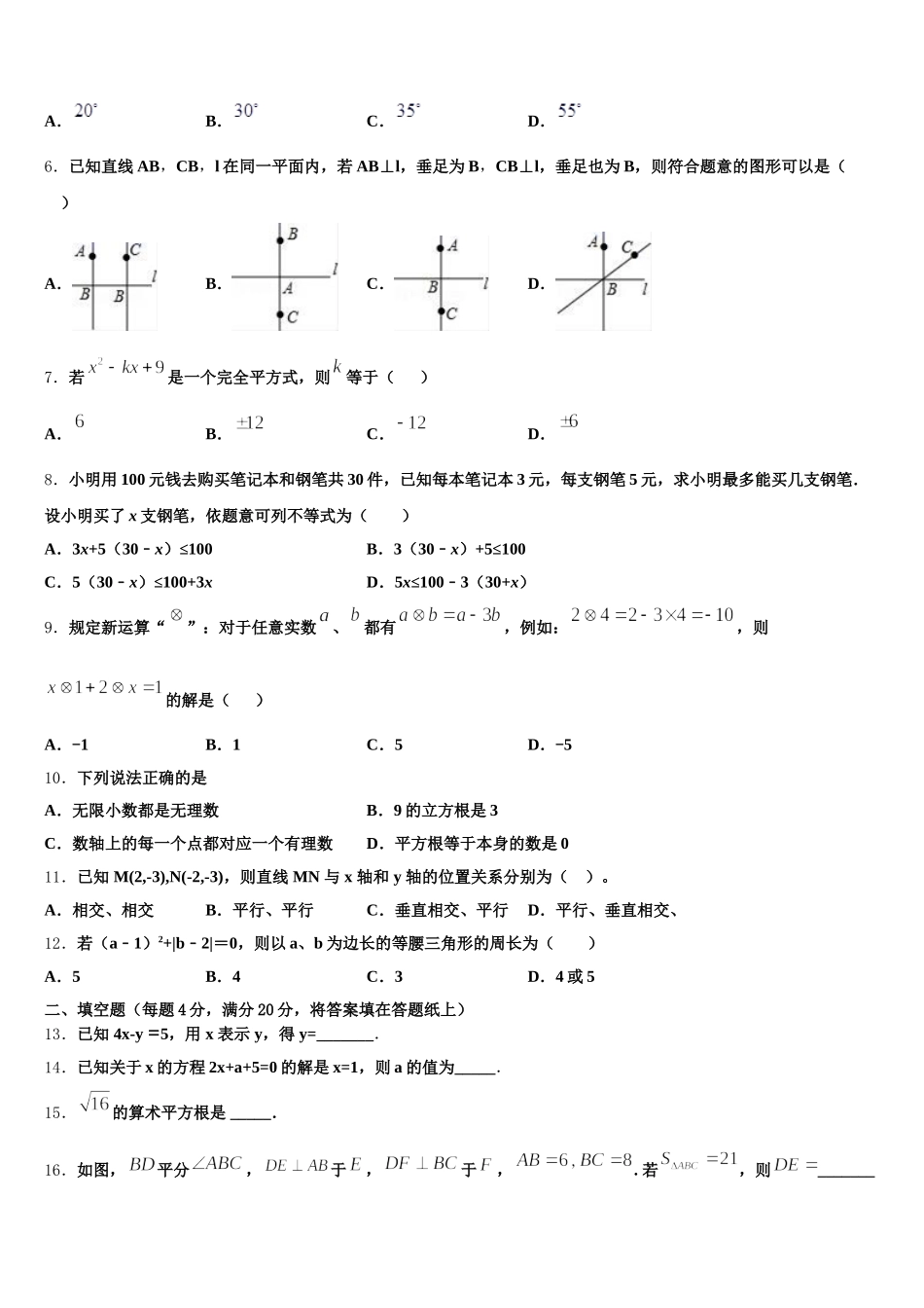 上海市上海民办张江集团学校2024-2025学年七年级数学第二学期期末达标检测模拟试题含解析_第2页