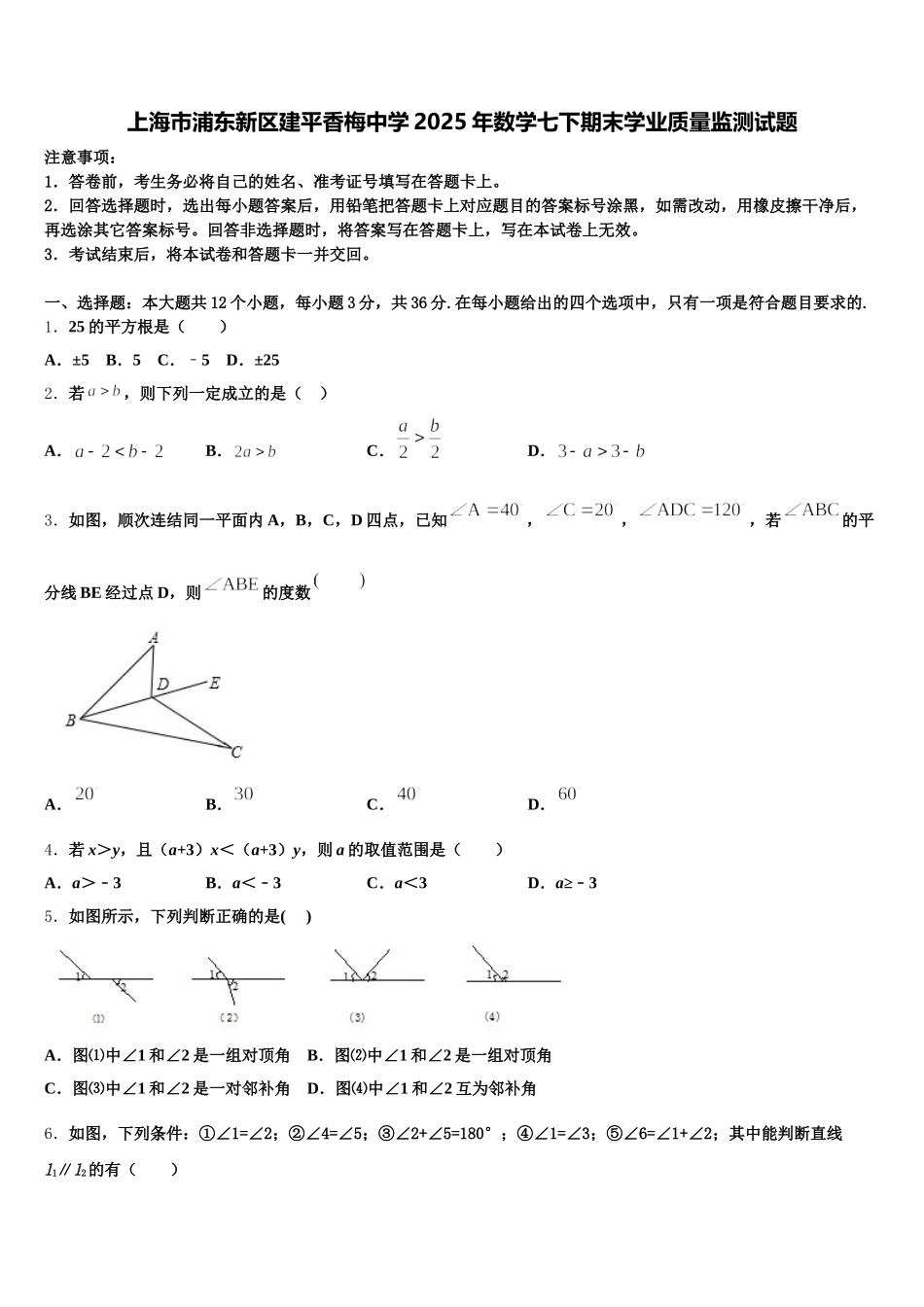 上海市浦东新区建平香梅中学2025年数学七下期末学业质量监测试题含解析_第1页