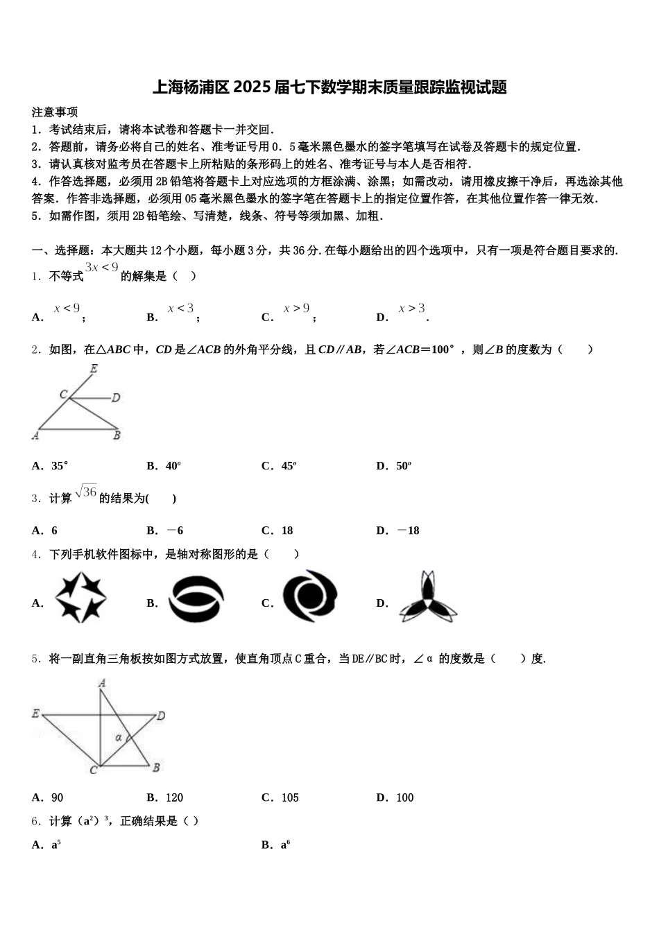上海杨浦区2025届七下数学期末质量跟踪监视试题含解析_第1页