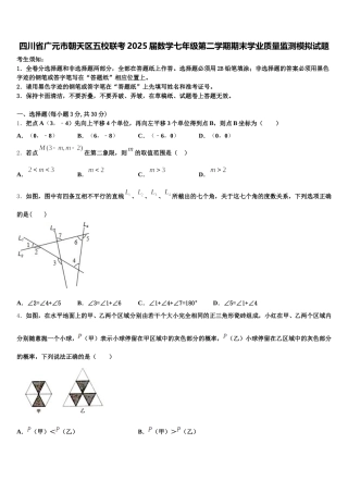四川省广元市朝天区五校联考2025届数学七年级第二学期期末学业质量监测模拟试题含解析