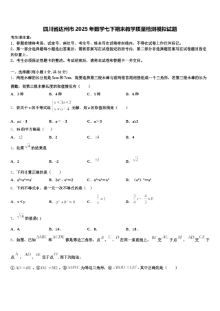 四川省达州市2025年数学七下期末教学质量检测模拟试题含解析