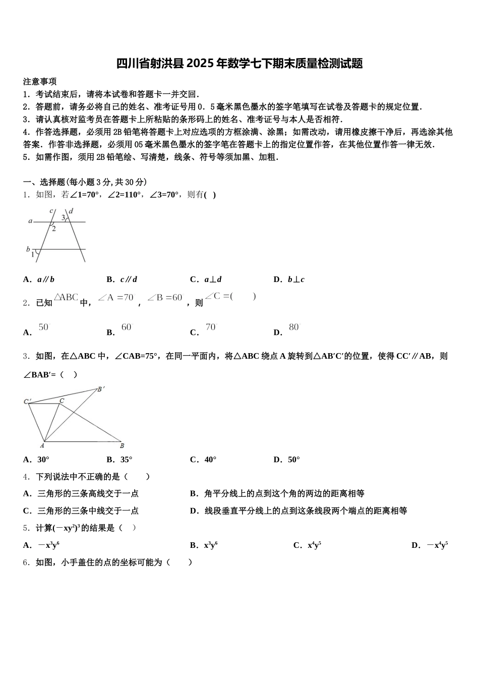 四川省射洪县2025年数学七下期末质量检测试题含解析_第1页