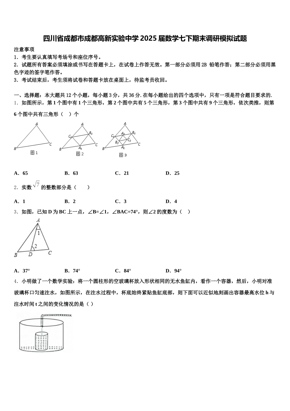 四川省成都市成都高新实验中学2025届数学七下期末调研模拟试题含解析_第1页