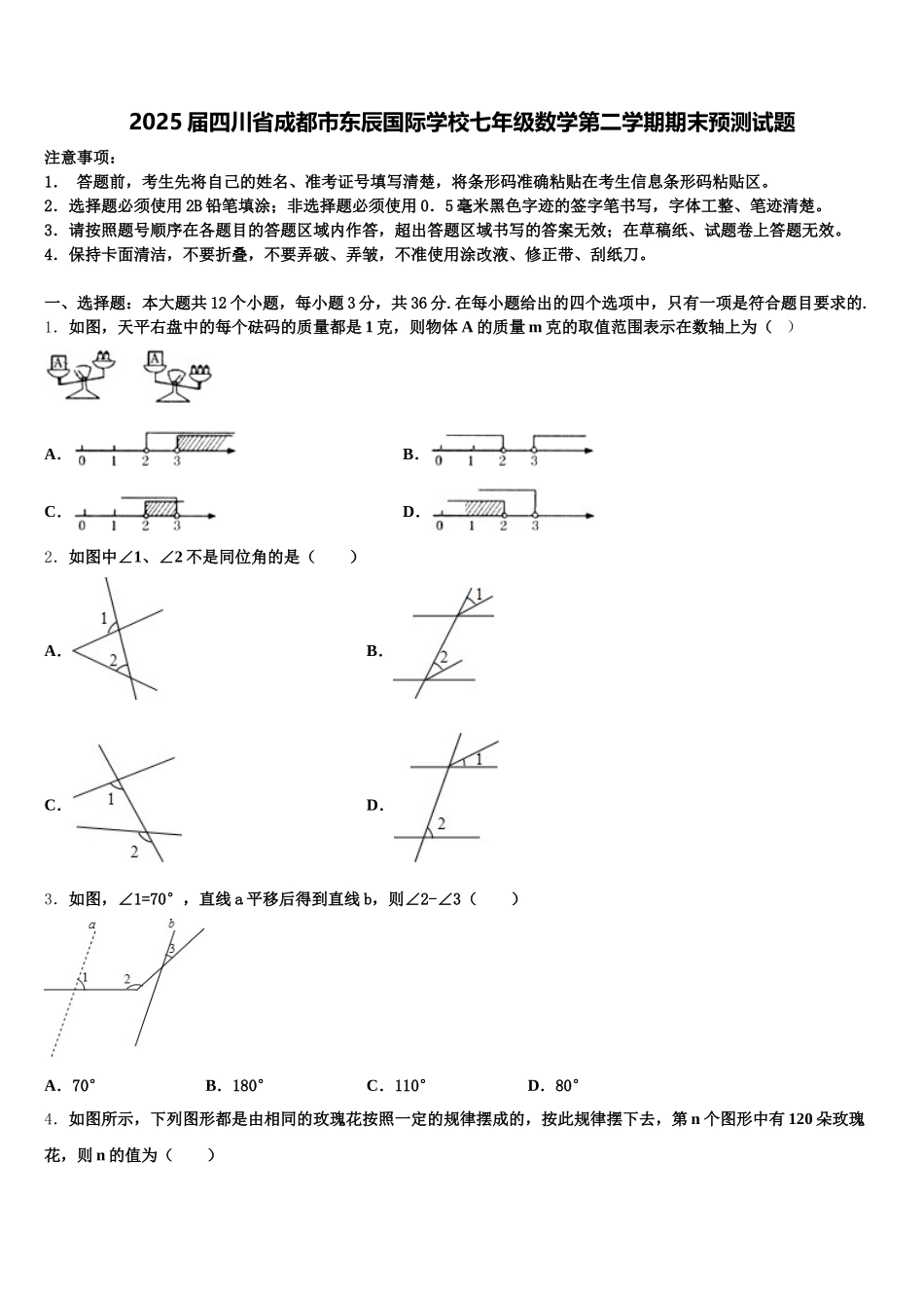 2025届四川省成都市东辰国际学校七年级数学第二学期期末预测试题含解析_第1页