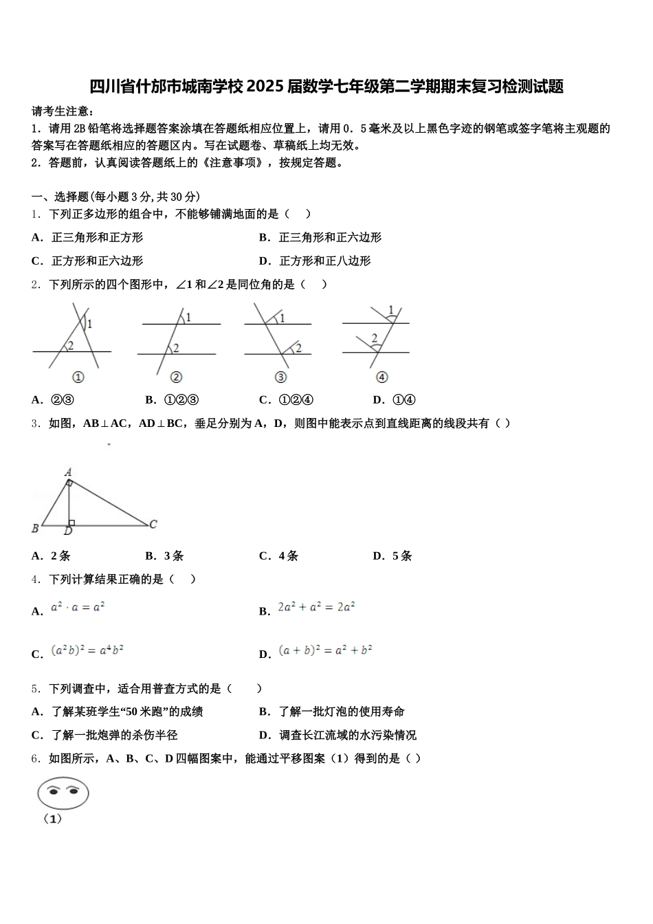 四川省什邡市城南学校2025届数学七年级第二学期期末复习检测试题含解析_第1页