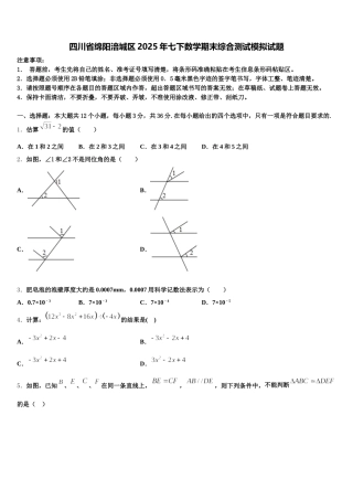 四川省绵阳涪城区2025年七下数学期末综合测试模拟试题含解析