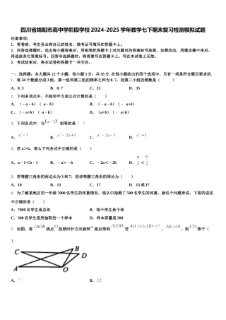 四川省绵阳市高中学阶段学校2024-2025学年数学七下期末复习检测模拟试题含解析