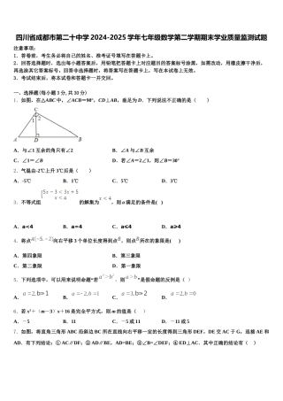 四川省成都市第二十中学2024-2025学年七年级数学第二学期期末学业质量监测试题含解析