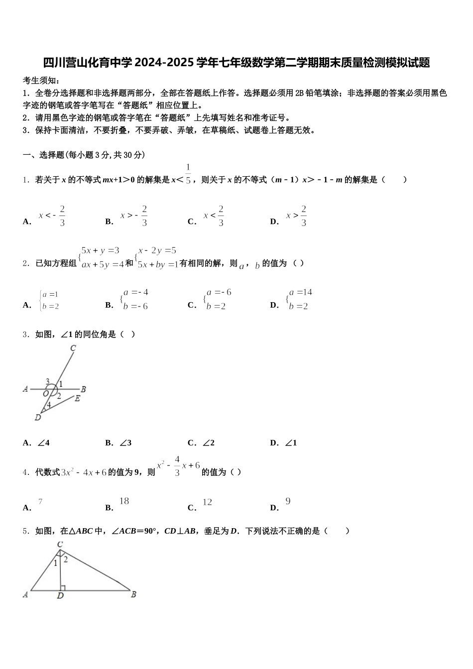 四川营山化育中学2024-2025学年七年级数学第二学期期末质量检测模拟试题含解析_第1页