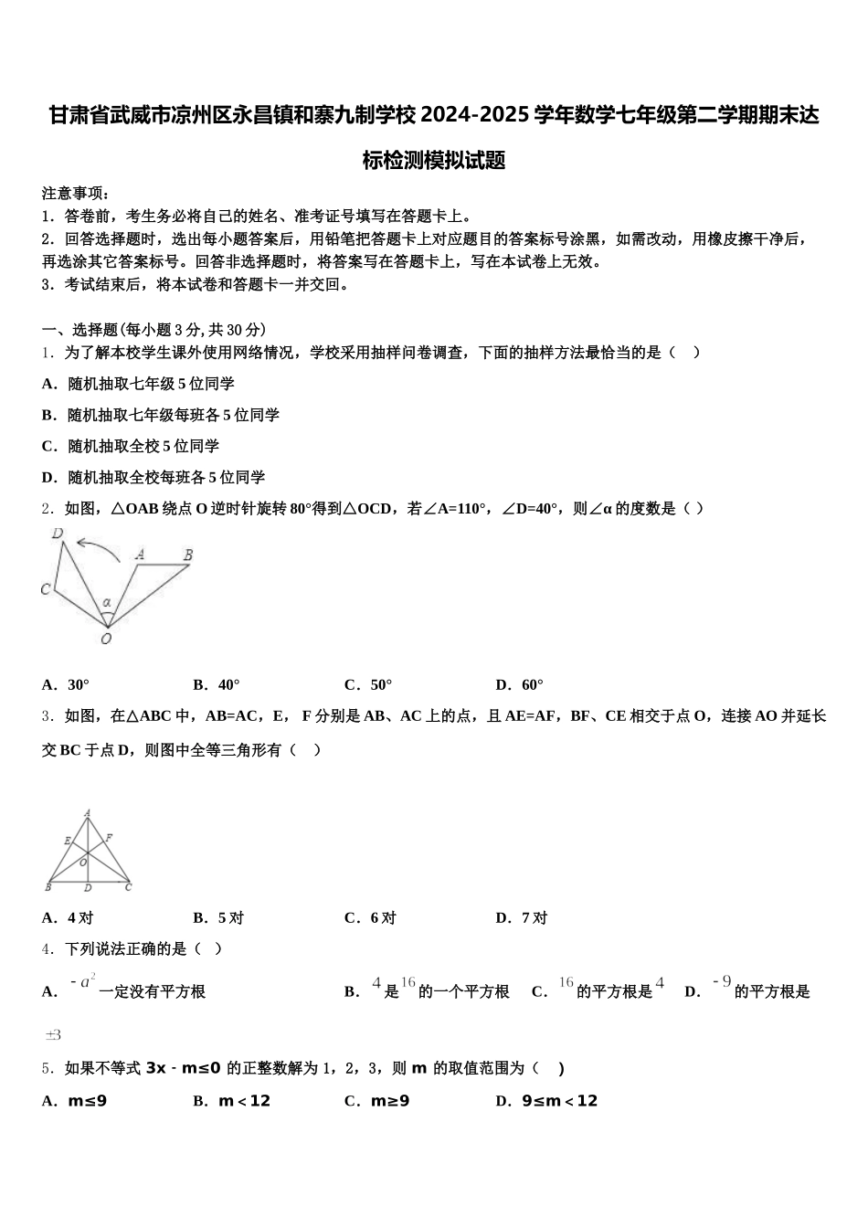 甘肃省武威市凉州区永昌镇和寨九制学校2024-2025学年数学七年级第二学期期末达标检测模拟试题含解析_第1页