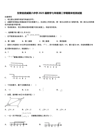 甘肃省武威第八中学2025届数学七年级第二学期期末检测试题含解析