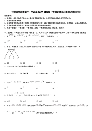 甘肃省武威市第二十三中学2025届数学七下期末学业水平测试模拟试题含解析