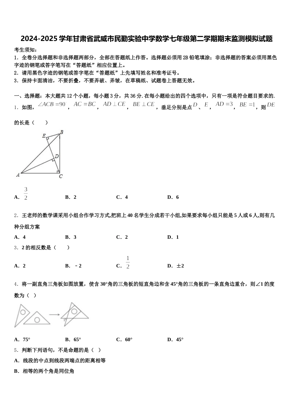 2024-2025学年甘肃省武威市民勤实验中学数学七年级第二学期期末监测模拟试题含解析_第1页