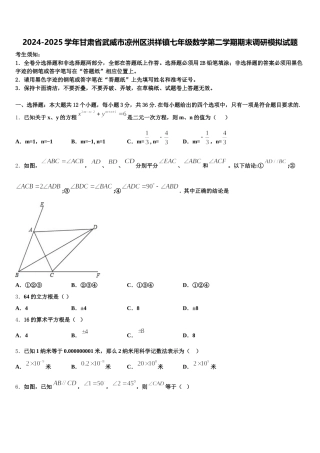2024-2025学年甘肃省武威市凉州区洪祥镇七年级数学第二学期期末调研模拟试题含解析