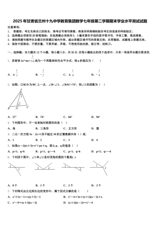 2025年甘肃省兰州十九中学教育集团数学七年级第二学期期末学业水平测试试题含解析