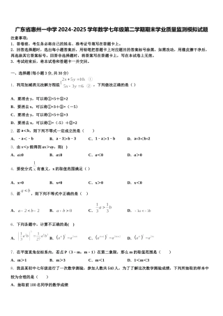 广东省惠州一中学2024-2025学年数学七年级第二学期期末学业质量监测模拟试题含解析