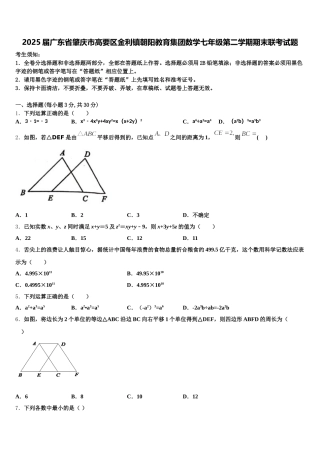 2025届广东省肇庆市高要区金利镇朝阳教育集团数学七年级第二学期期末联考试题含解析