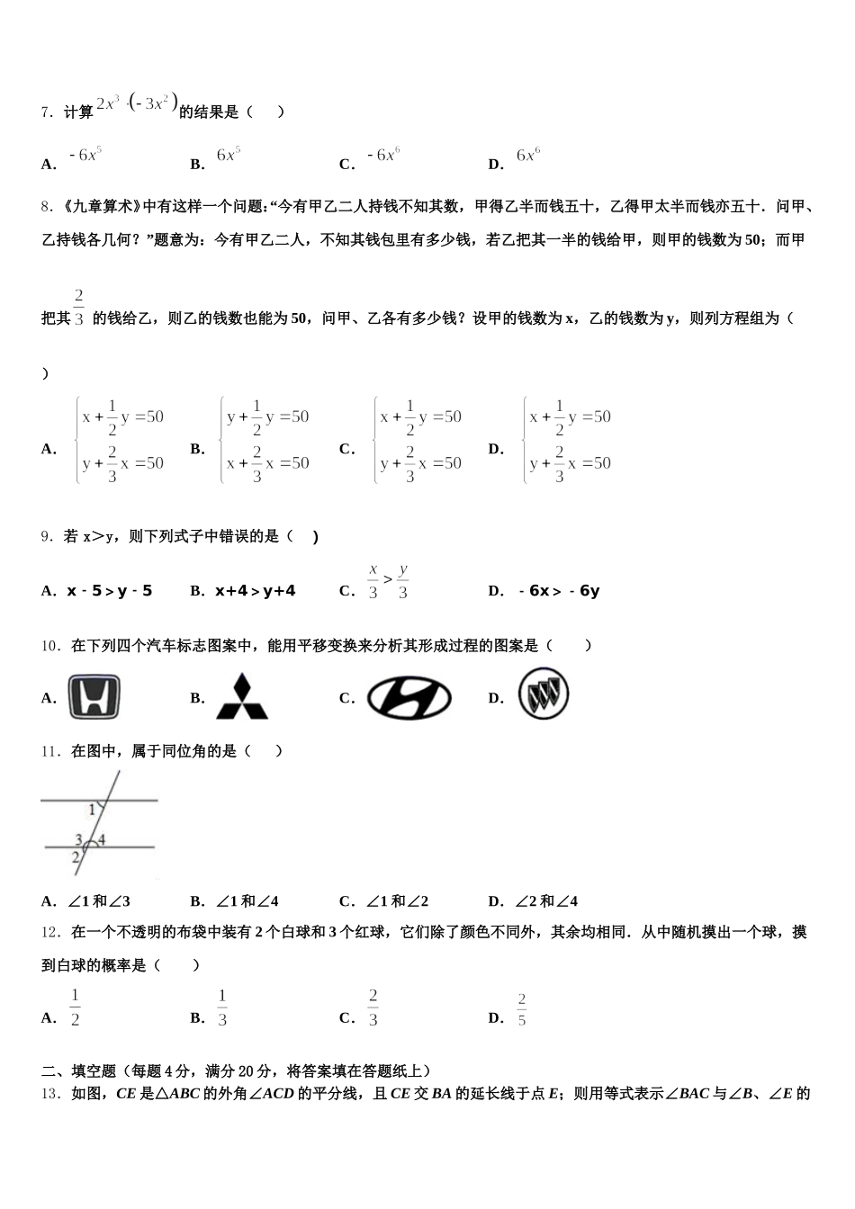 广东省深圳市外国语学校2024-2025学年数学七下期末监测模拟试题含解析_第2页