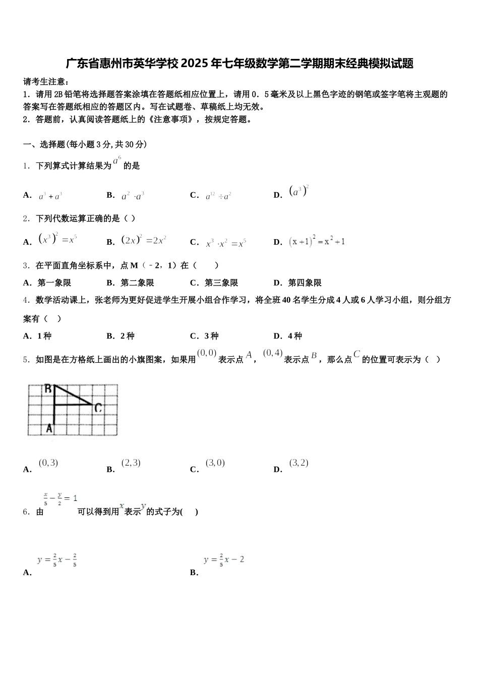 广东省惠州市英华学校2025年七年级数学第二学期期末经典模拟试题含解析_第1页