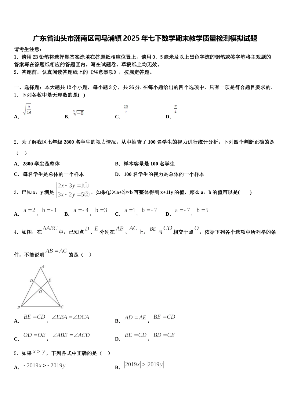 广东省汕头市潮南区司马浦镇2025年七下数学期末教学质量检测模拟试题含解析_第1页