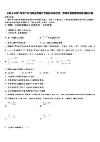 2024-2025学年广东省梅州市梅江区实验中学数学七下期末质量跟踪监视模拟试题含解析