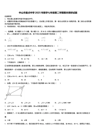 中山市重点中学2025年数学七年级第二学期期末调研试题含解析