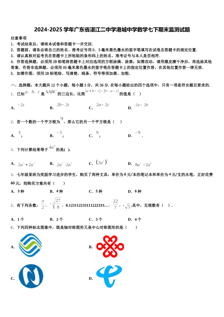 2024-2025学年广东省湛江二中学港城中学数学七下期末监测试题含解析_第1页